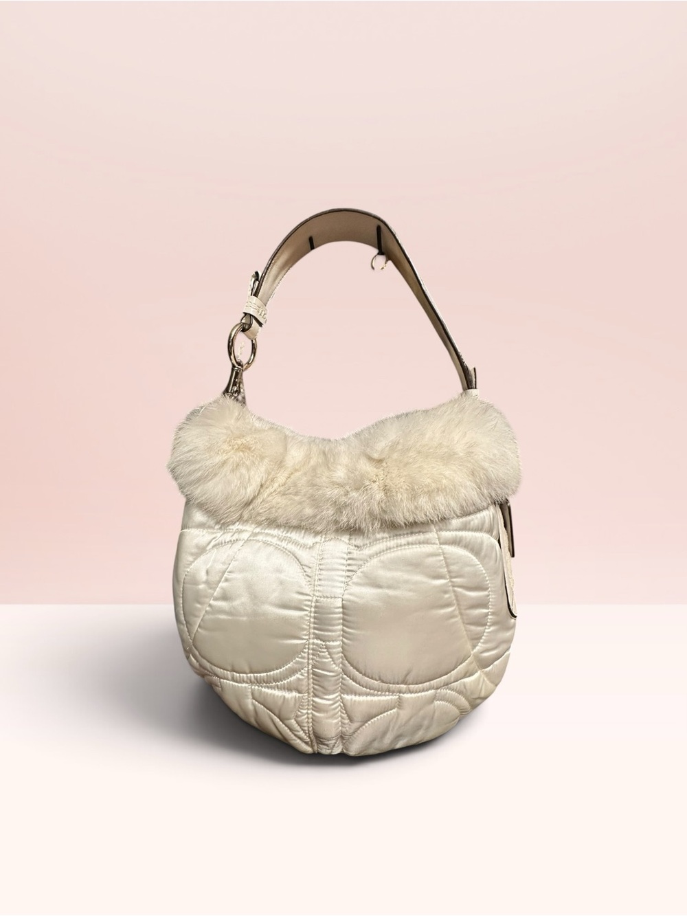 Coach Cream Quilted Shoulder Bag with Fur Trim